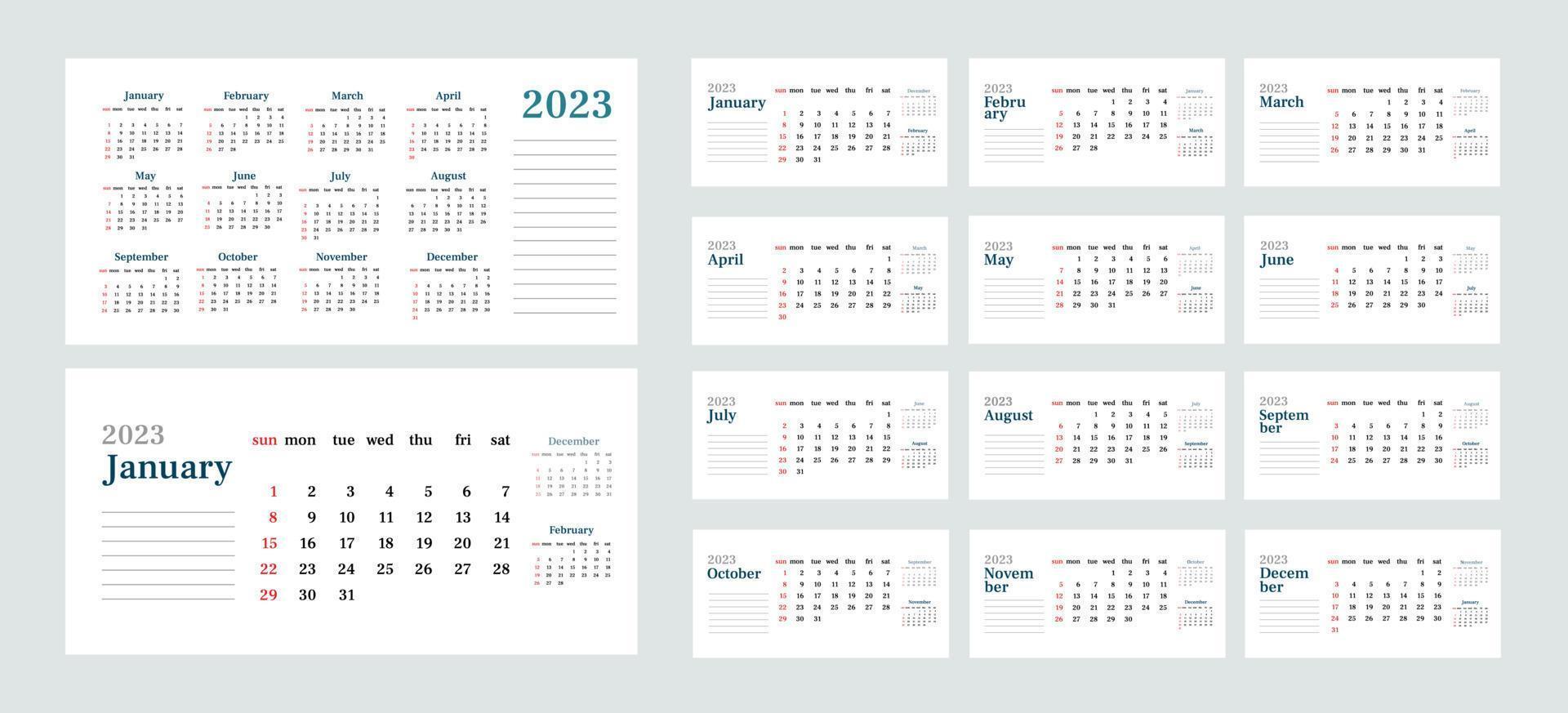calendário horizontal de mesa simples 2023. et de 12 meses, capa e uma folha do ano. semana começa no domingo. modelo minimalista de vetor