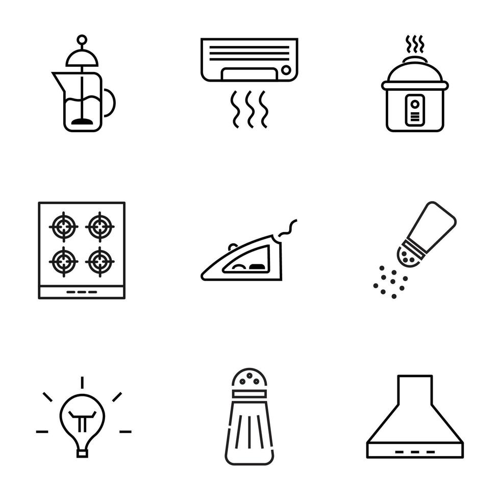conjunto de símbolos de contorno moderno para lojas de internet, lojas, banners, anúncios. vetor ícones de linha isolada de bule, condicionamento, multicozinha, fogão, ferro, pimenta, lâmpada