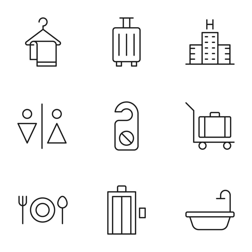 conjunto de símbolos de contorno moderno para lojas de internet, lojas, banners, anúncios. vetor ícones de linha isolada de toalha, mala, hotel, cabide de porta, bagagem, bagagem etc