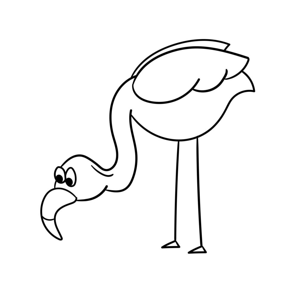 flamingo simples, vetor de contorno. o flamingo dos desenhos animados inclinou o pescoço para o chão. coloração
