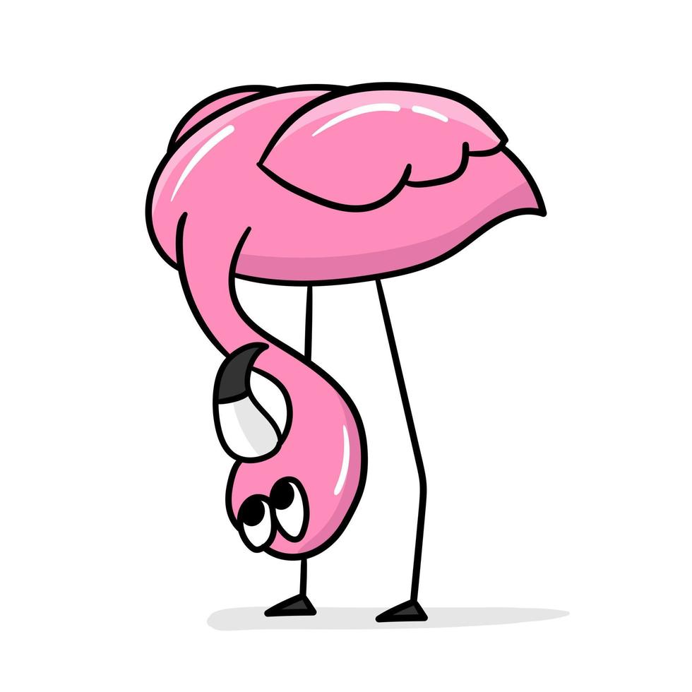 flamingo bonito dos desenhos animados com cabeça de cabeça para baixo. estilo desenhado à mão. elemento para design infantil. um do conjunto vetor