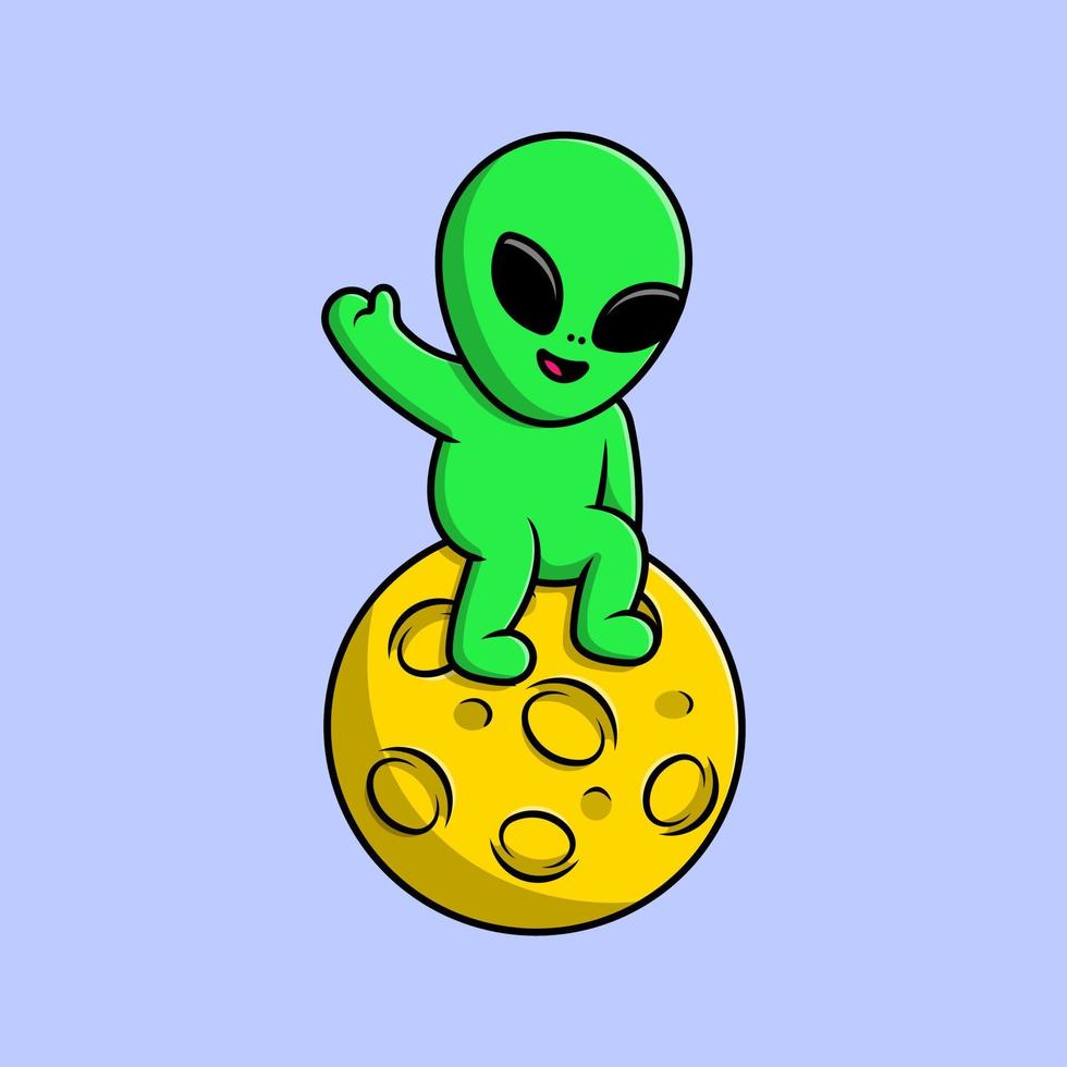 alienígena bonito sentado na lua com ilustração de ícones de vetor de desenhos animados de mão acenando. conceito de desenho animado plano. adequado para qualquer projeto criativo.