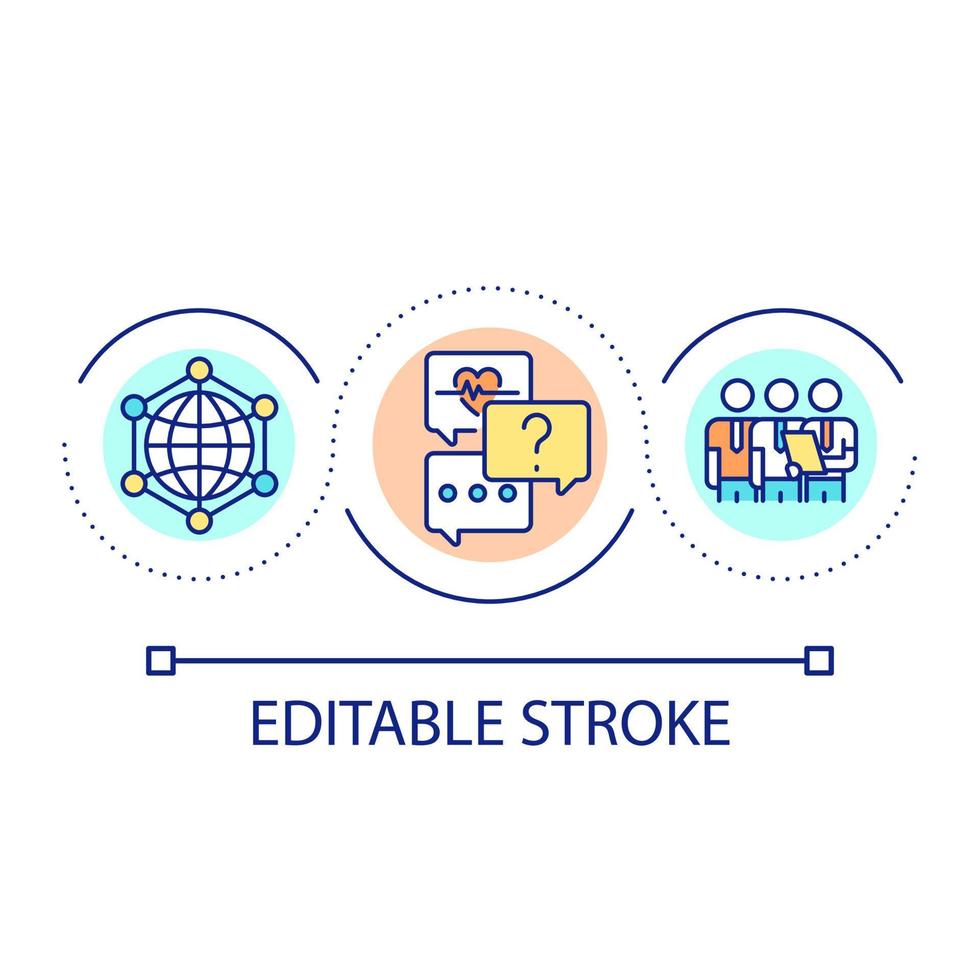 ícone do conceito de loop de cooperação internacional. especialistas médicos. especialistas colaboração idéia abstrata ilustração de linha fina. desenho de contorno isolado. traço editável. vetor