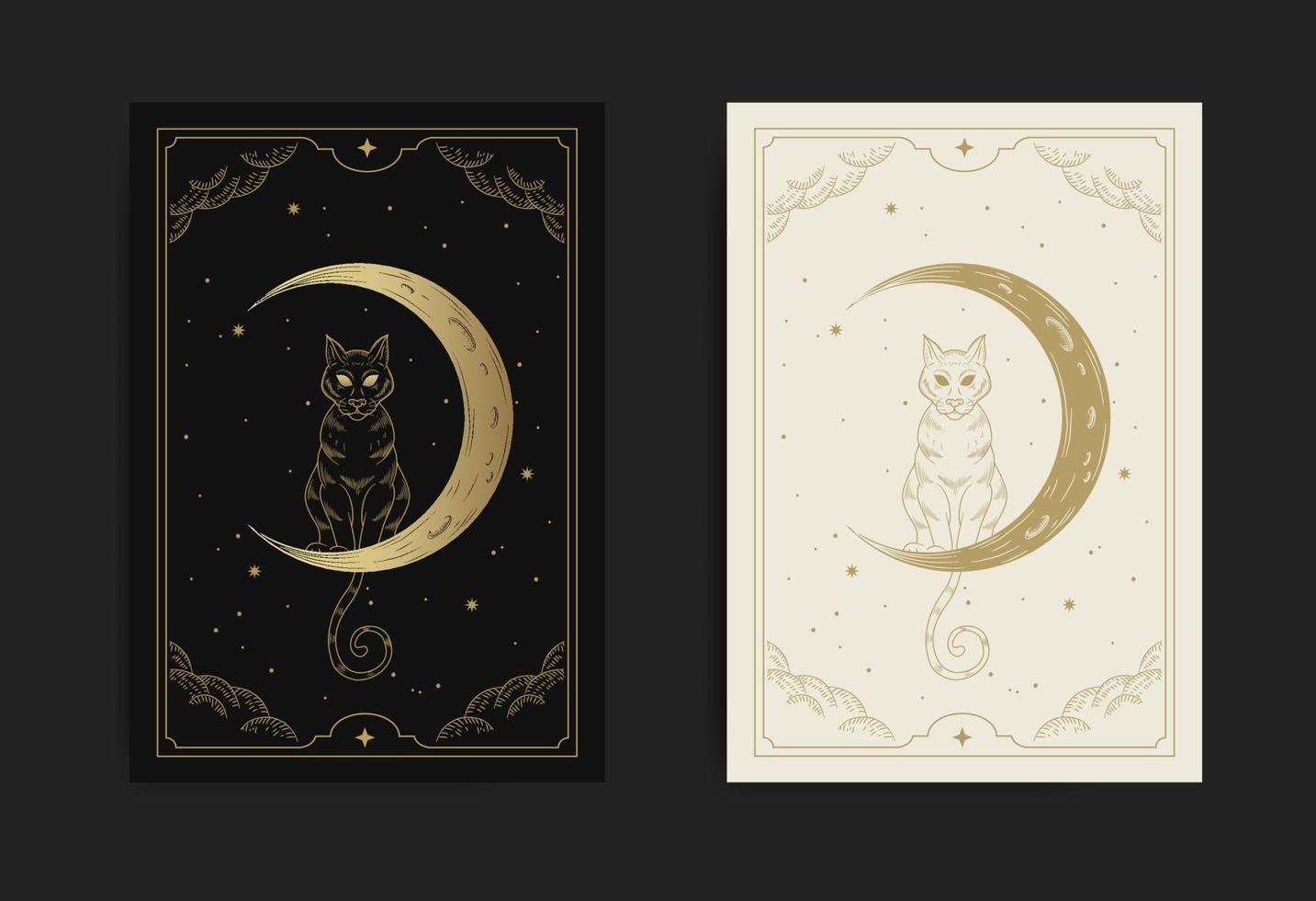 gato e lua crescente no céu noturno em estilo boho esculpido, luxuoso, esotérico. adequado para espiritualistas, médiuns, tarô, cartomantes, astrólogos e tatuagem vetor