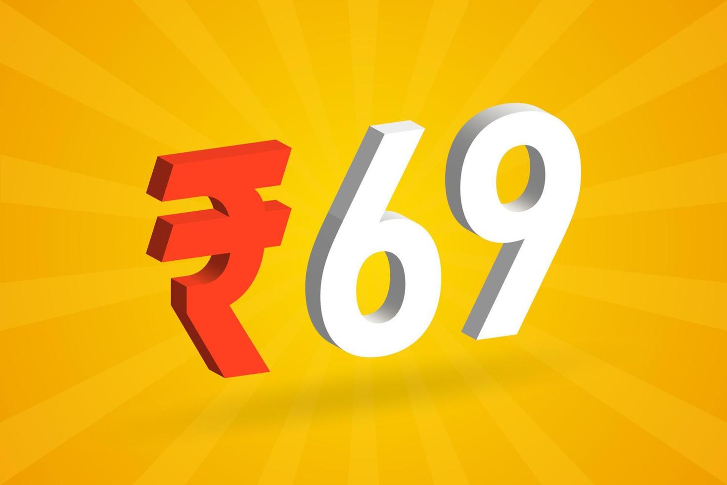 69 rupia símbolo 3d imagem de vetor de texto em negrito. 3d 69 rupia indiana ilustração vetorial de sinal de moeda