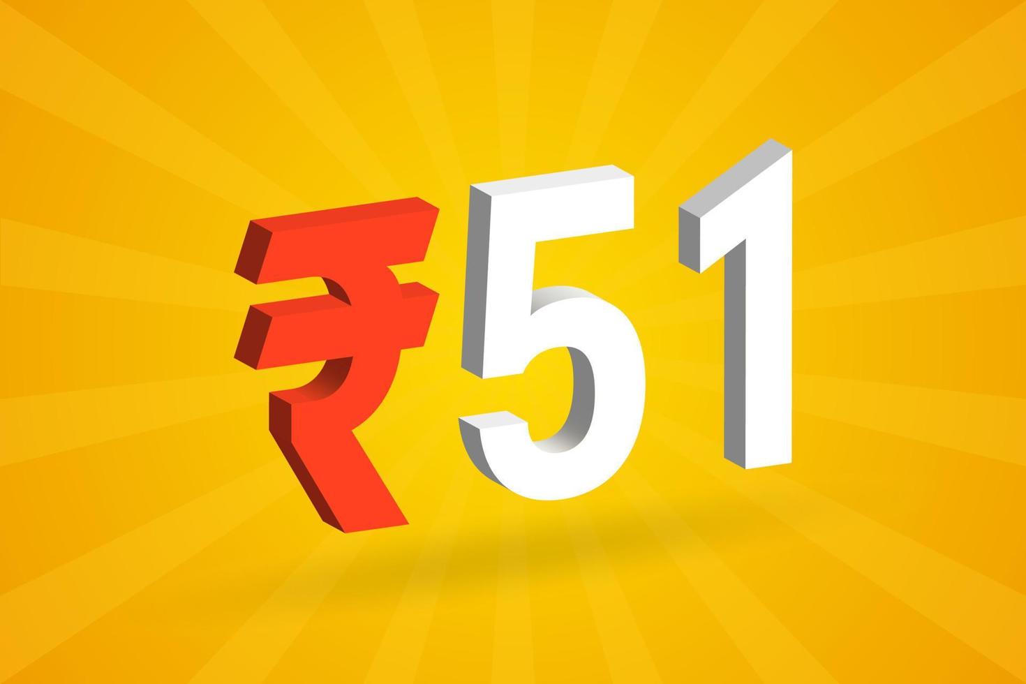 51 rupia símbolo 3d imagem de vetor de texto em negrito. 3d 51 rupia indiana ilustração vetorial de sinal de moeda