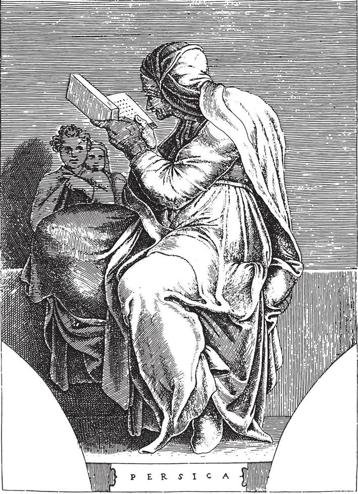 sibila persa, adamo scultori, depois de michelangelo, 1585, ilustração vintage. vetor