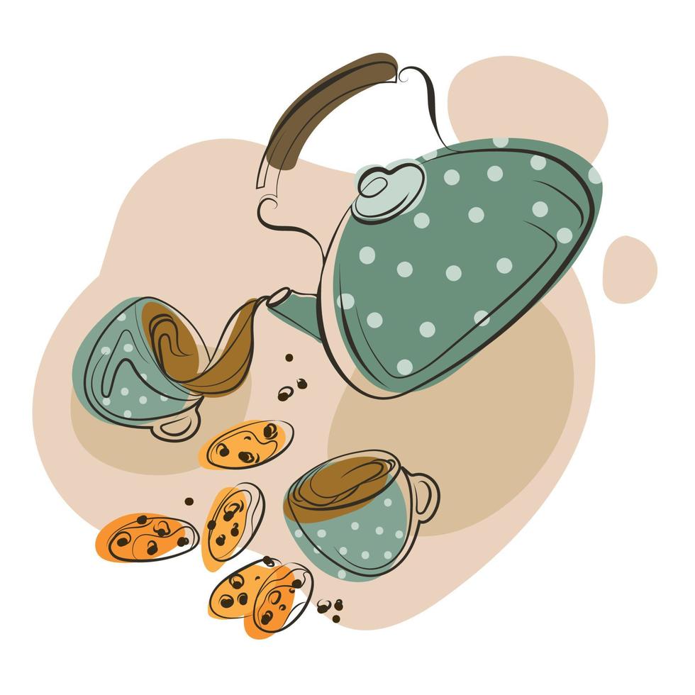 bule derrama chá em uma xícara de ilustração vetorial de desenho animado desenhado à mão bule com duas xícaras e uma bela composição de biscoito, emblema, impressão, modelo de logotipo feliz dia do chá vetor