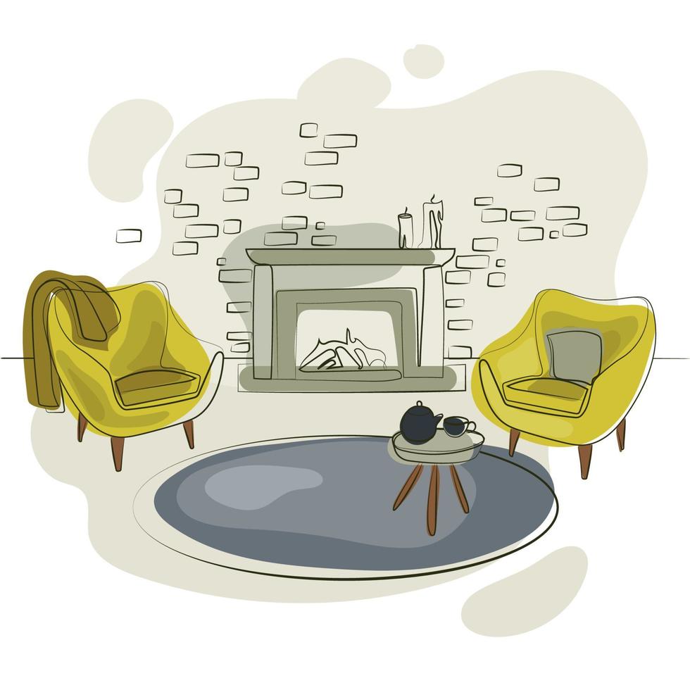sala de estar com lareira e duas poltronas e mesa de café ilustração vetorial de desenho de linha simples design de interiores de sala de estar moderna aconchegante em estilo minimalista, desenho de esboço, pôster vetor