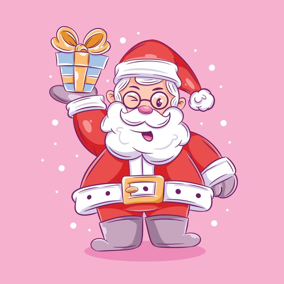 Papai Noel está carregando um presente em seu desenho da mão direita vetor