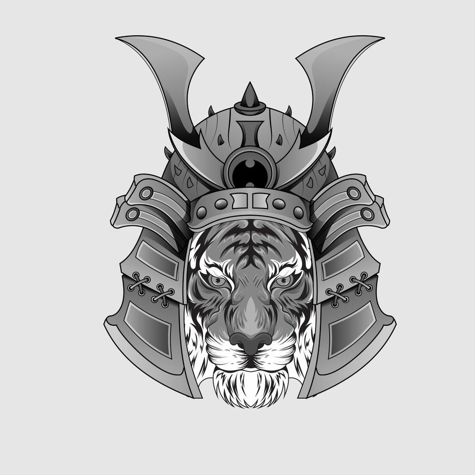 mão desenhada design japonês samurai tigre capacete cavaleiro cabeça obra de arte preto e branco vetor