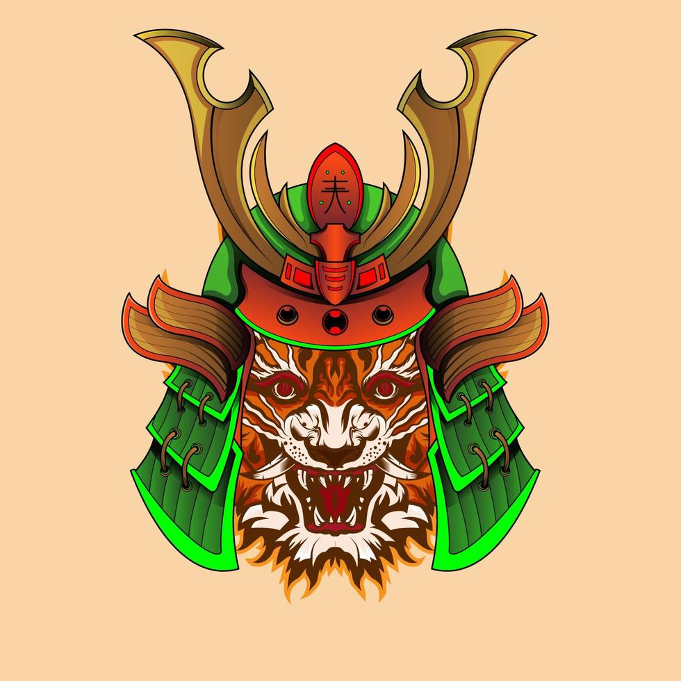 ilustração de arte de cabeça de cavaleiro de tigre samurai japonês e design de camiseta capacete de tigre samurai inspirado no estilo de desenho japonês vetor