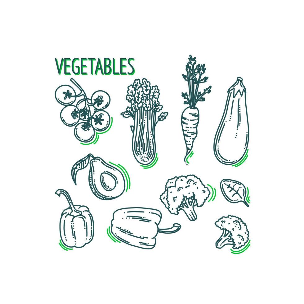 conjunto de doodle de legumes. comida vegetariana com abacate, pimenta, cenoura, brócolis e outros produtos. ilustração vetorial doodle vetor