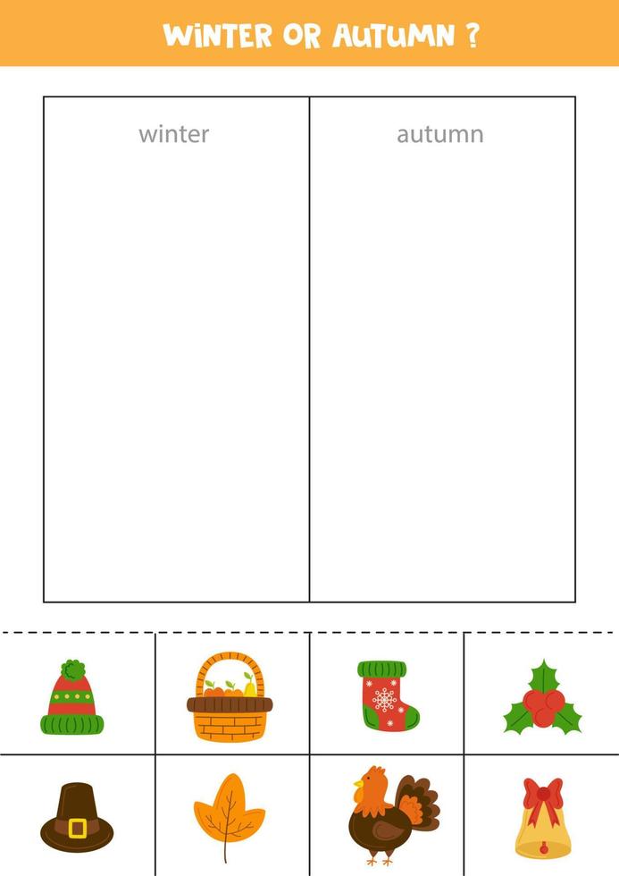 classificação de cartões no outono ou inverno. jogo lógico para crianças. vetor