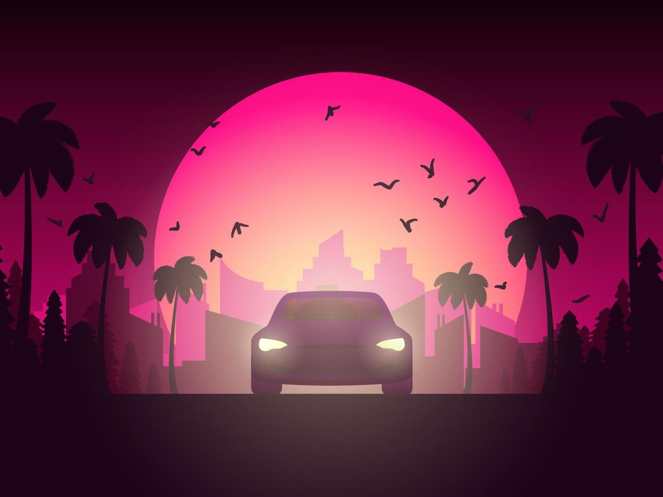 cartaz com carro. pôr do sol na califórnia. palmeiras, pinheiros e paisagem da cidade. ilustração vetorial nas cores rosa. vetor