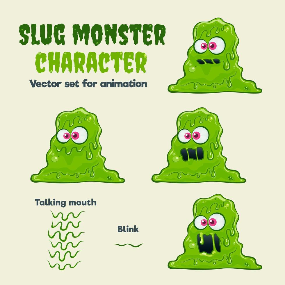 personagem de monstro de lesma de lodo verde bonito. conjunto de vetores para animação