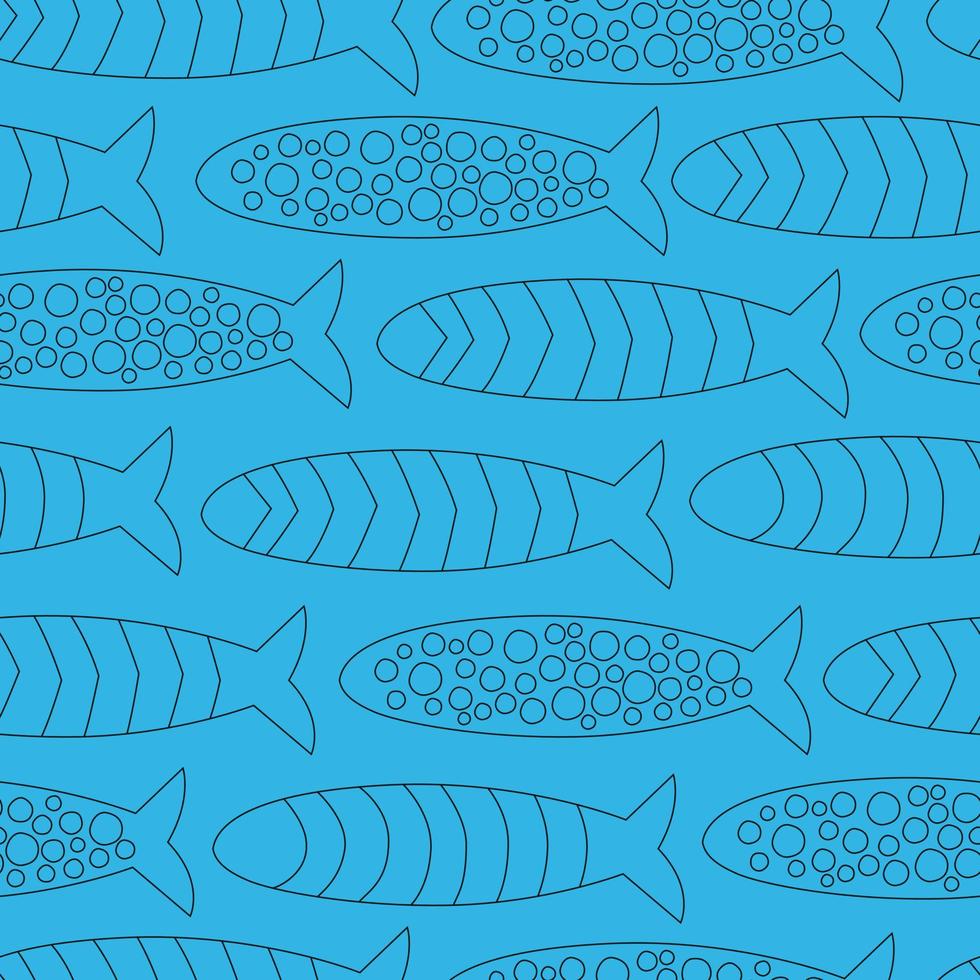 silhuetas de peixes de padrão sem costura, padrão de repetição de sardinha de arte de linha em estilo linocut, esboço de vida marinha vetor