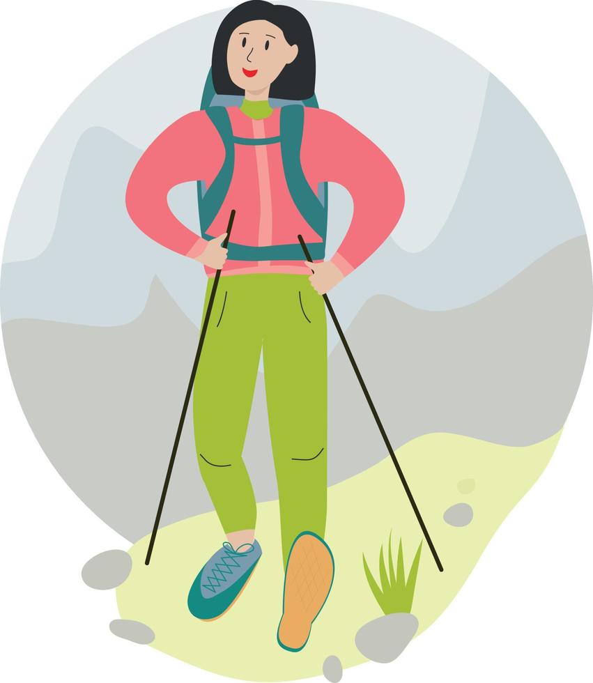 uma garota está caminhando nas montanhas com uma mochila, um alpinista de desenho animado no fundo das montanhas, uma caminhada lá fora vetor