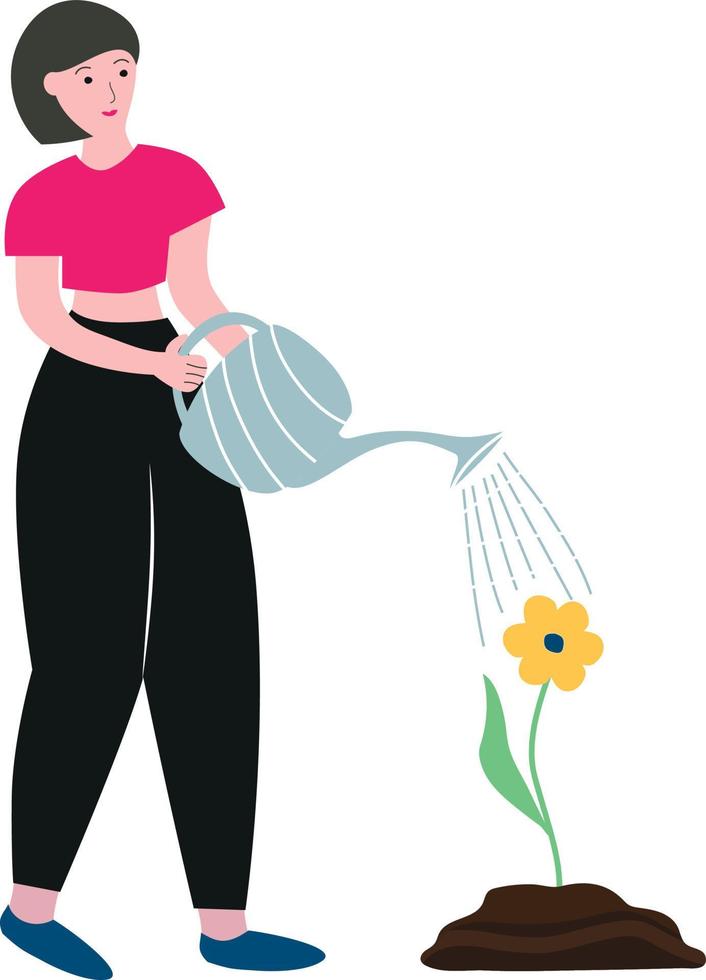 menina regando uma flor de um regador, o conceito de crescimento e auto-aperfeiçoamento, ilustração vetorial feminina em estilo simples vetor