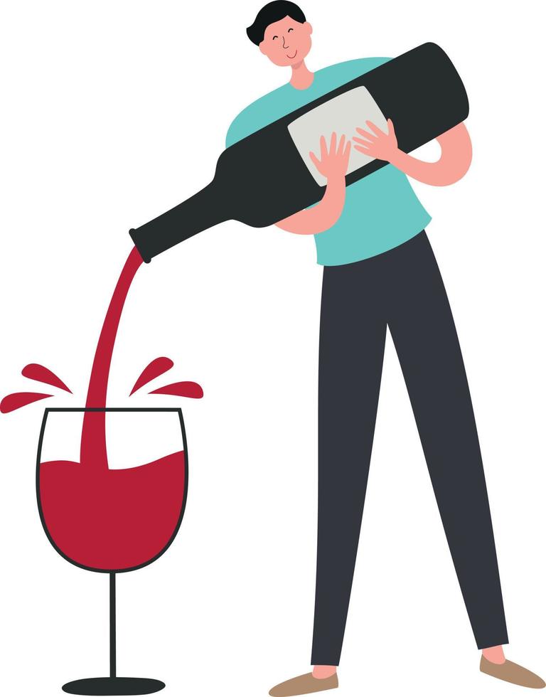 um homem derramando vinho em um copo, um homem de desenho animado com uma garrafa enorme e um copo de vinho, um barman desenhado à mão vetor