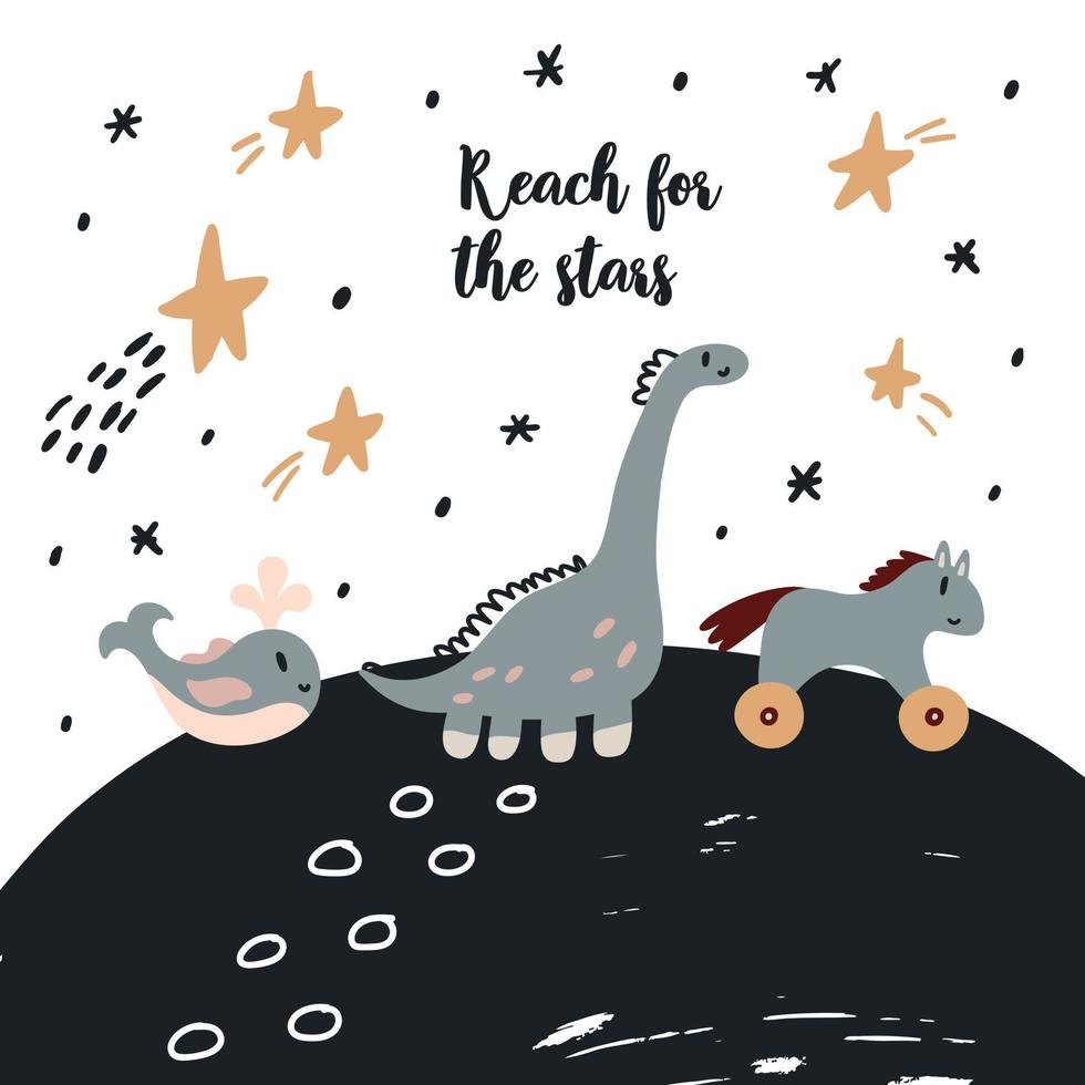 bebê boho berçário cartaz sonhando animais dinossauro baleia cavalo entre as estrelas. ilustração pastel escandinavo do chuveiro de bebê. letras alcançam as estrelas. vetor boêmio plano em fundo neutro