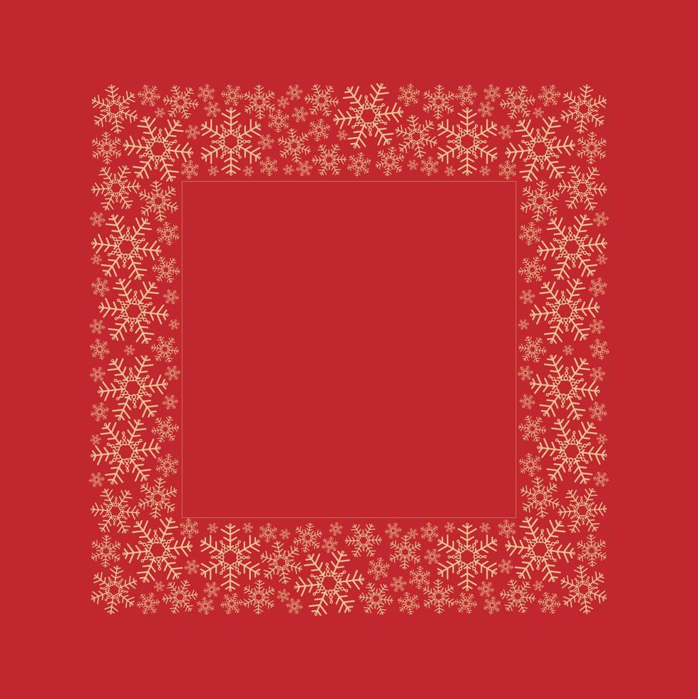 moldura quadrada de flocos de neve dourados sobre fundo vermelho para saudações de férias de inverno, espaço para texto no centro. ilustração vetorial vetor
