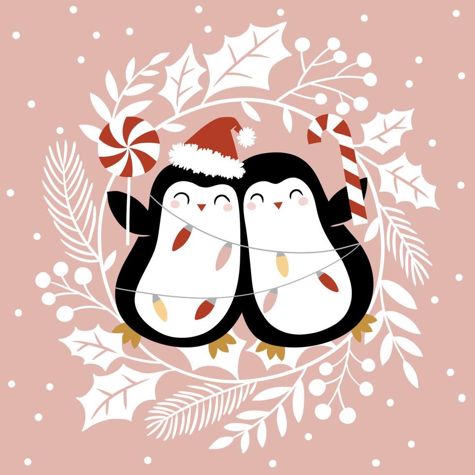 pinguins bonitos na coroa de flores no fundo rosa. perfeito para o logotipo da camiseta, cartão de felicitações, pôster, convite ou design de impressão. vetor