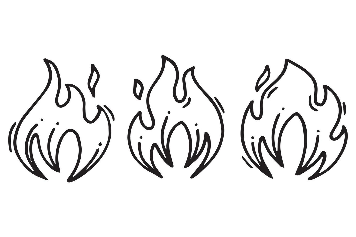 ícones de fogo desenhados à mão. conjunto de vetores de ícones de chamas de fogo. fogo de esboço de doodle desenhado à mão, desenho preto e branco. símbolo de fogo simples.
