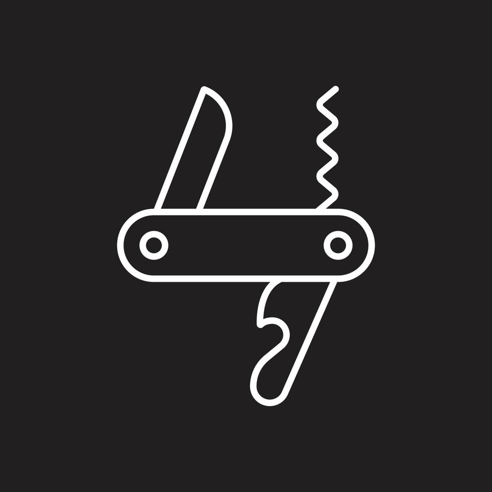 eps10 branco vetor multi faca ícone linha arte isolada no fundo preto. símbolo de contorno de canivete de bolso em um estilo moderno simples e moderno para o design do seu site, logotipo e aplicativo móvel