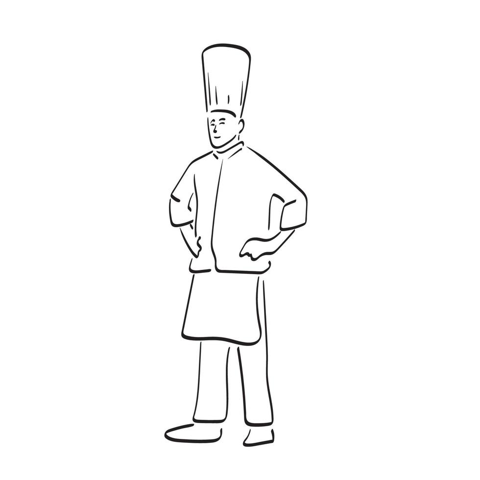 comprimento total do chef em pé com os braços akimbo ilustração vetorial desenhado à mão isolado na arte de linha de fundo branco. vetor
