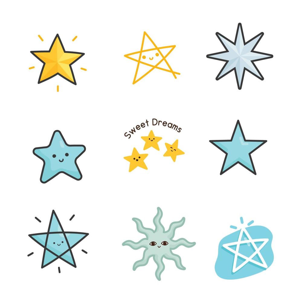 conjunto mínimo de adesivos de estrelas fofos kawaii doodle ilustração vetorial de desenho animado plano vetor