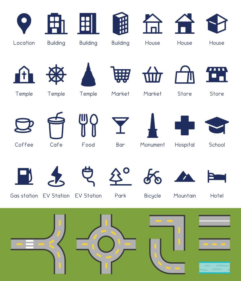 ícone de local de referência e estrada para criar vetor de mapa