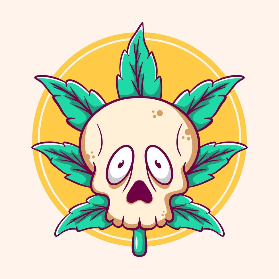 maconha de crânio de folha de cannabis, modelo de desenho animado de crânio engraçado vetor