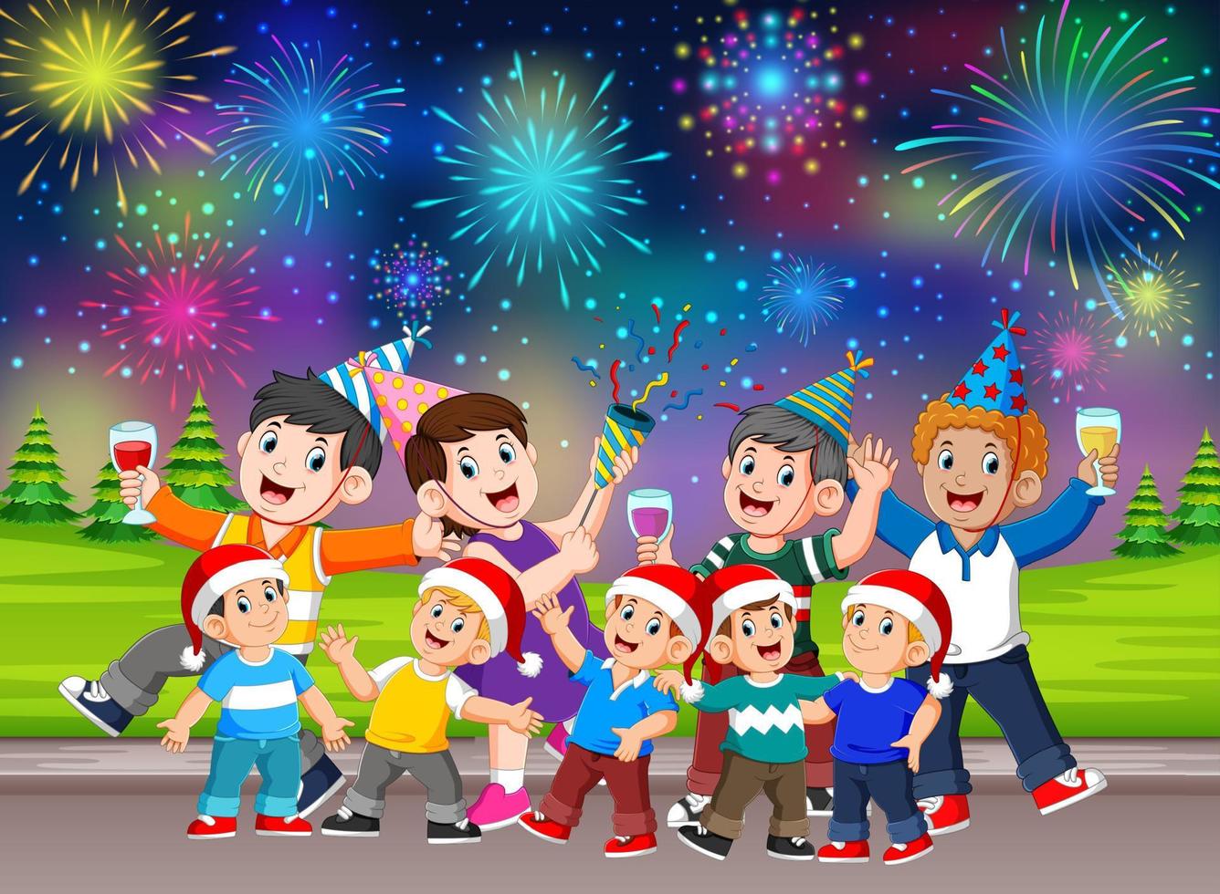 uma família comemorando o natal e ano novo com a festa da bebida vetor