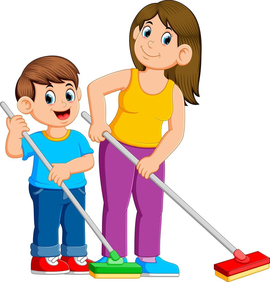 mãe e filho limpando o chão vetor