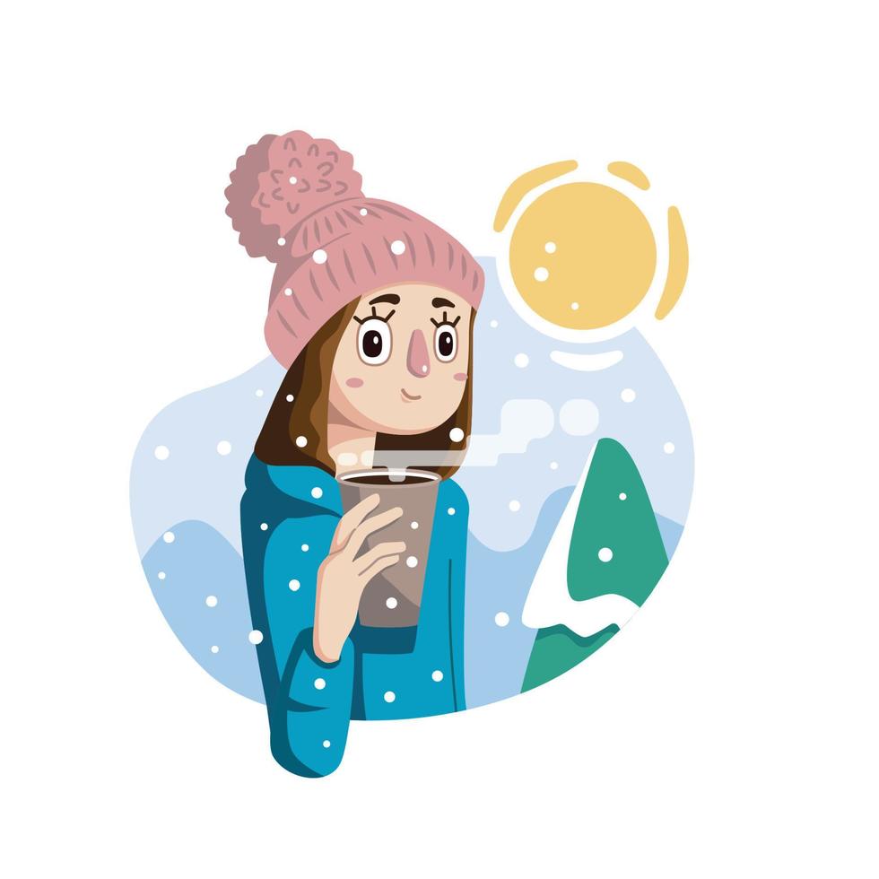 menina no inverno segurando uma xícara de café com neve e fundo de inverno vetor