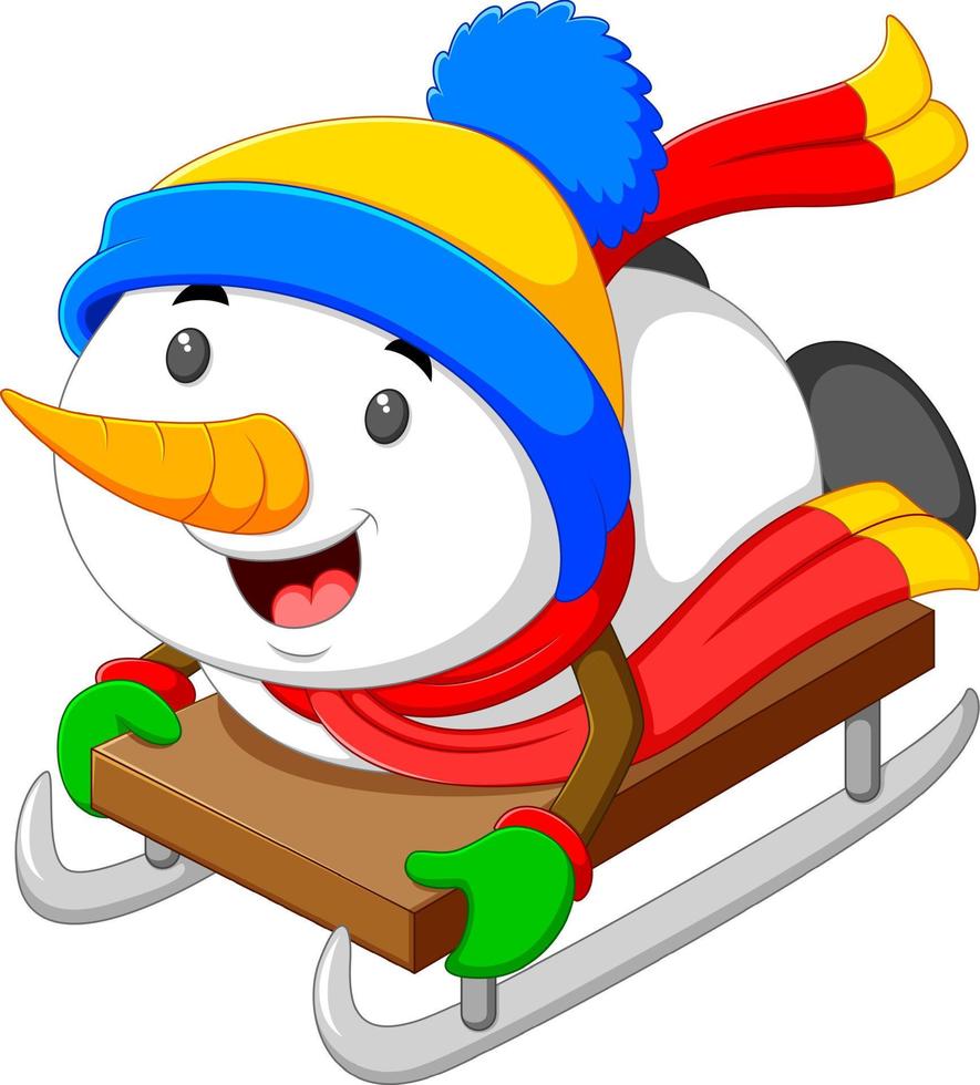 um boneco de neve feliz está brincando e deslizando com o carrinho de gelo vetor
