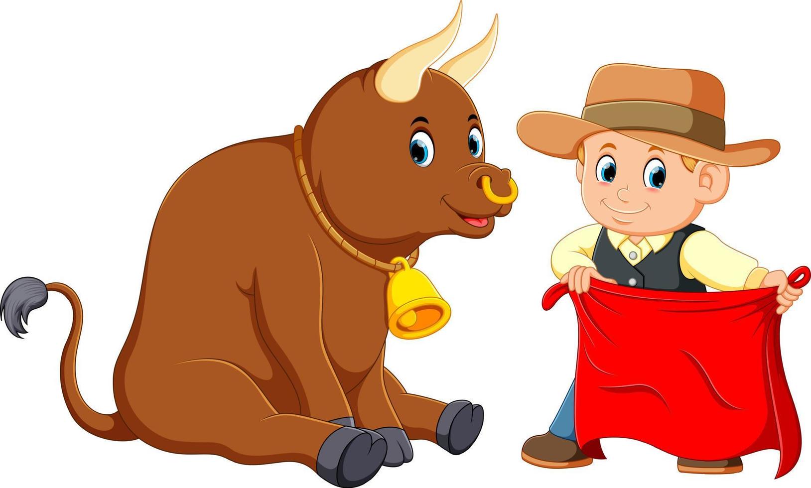 o menino usa o chapéu marrom segurando a bandeira vermelha com o touro vetor