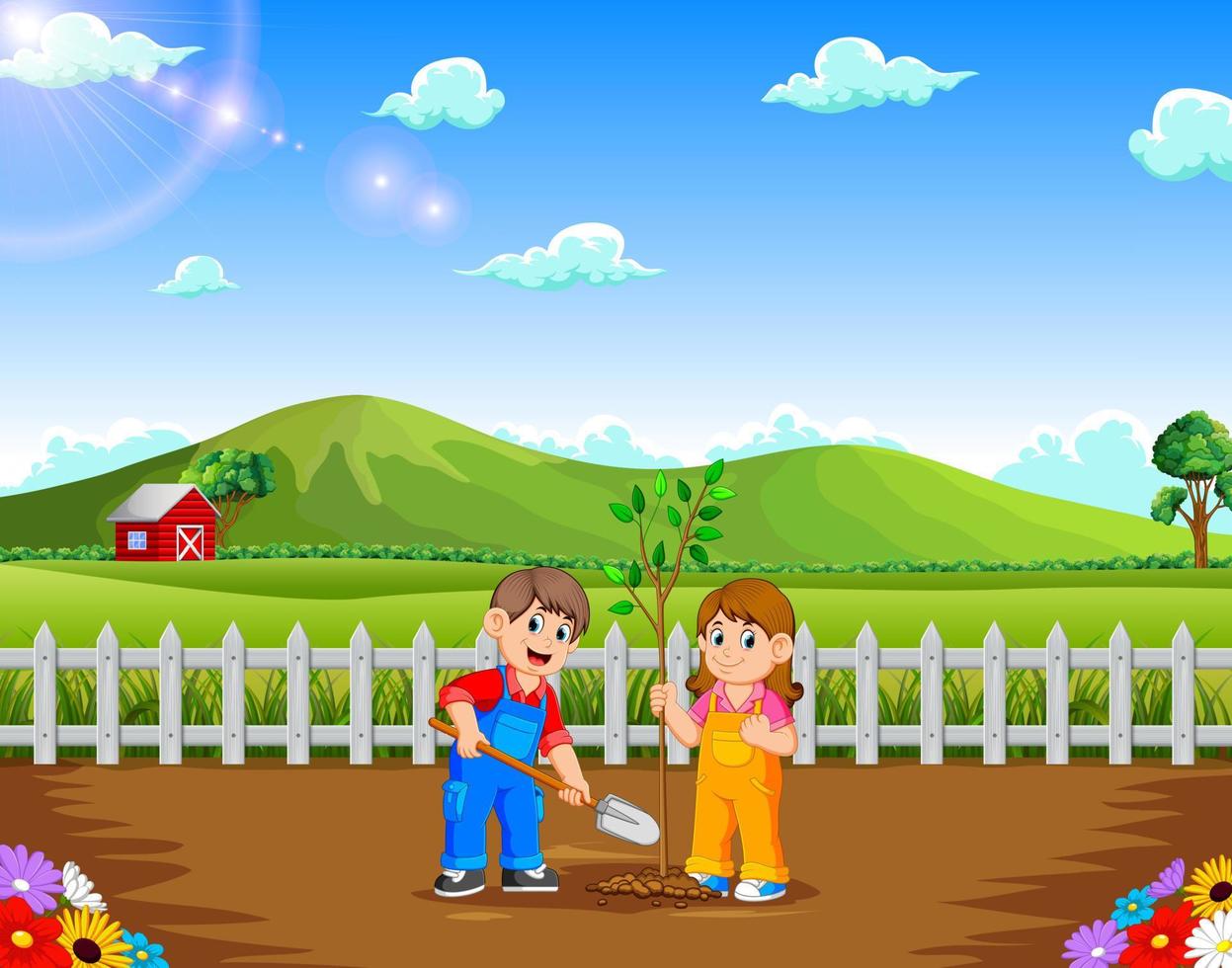menino e menina plantando árvore no parque vetor