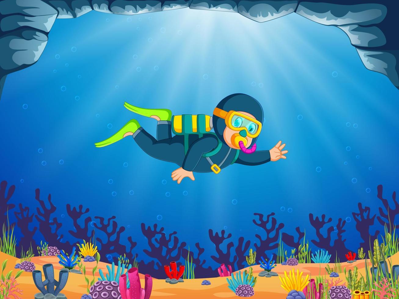 um menino está mergulhando sob o lindo mar com o pano azul mergulhando vetor