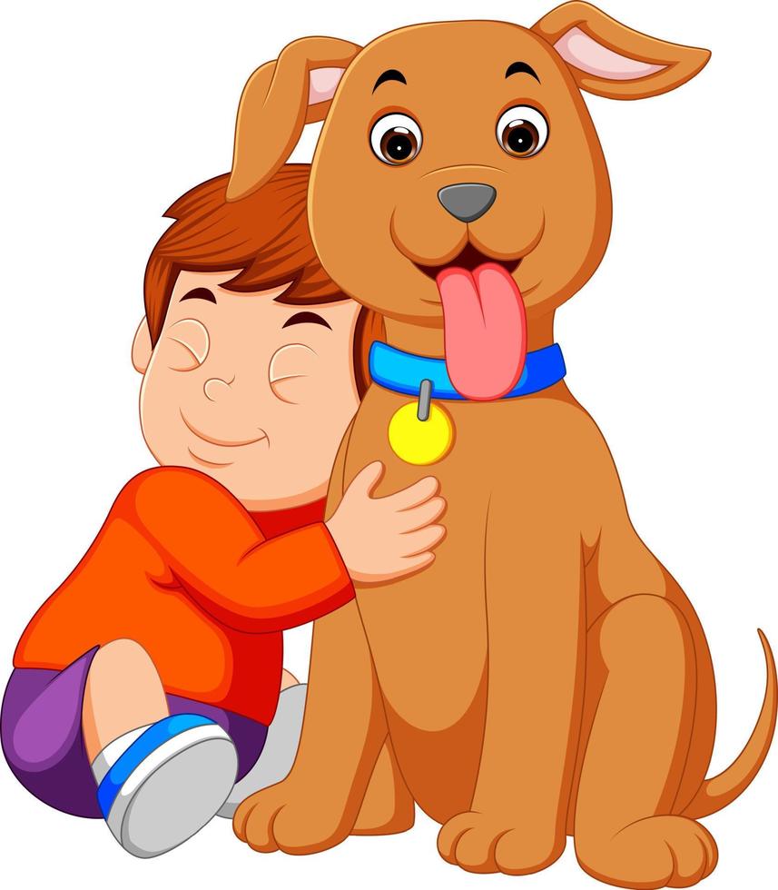 um menino abraçando seu cachorro vetor