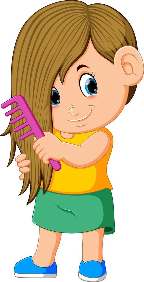 a garota está penteando o cabelo com o pente rosa vetor