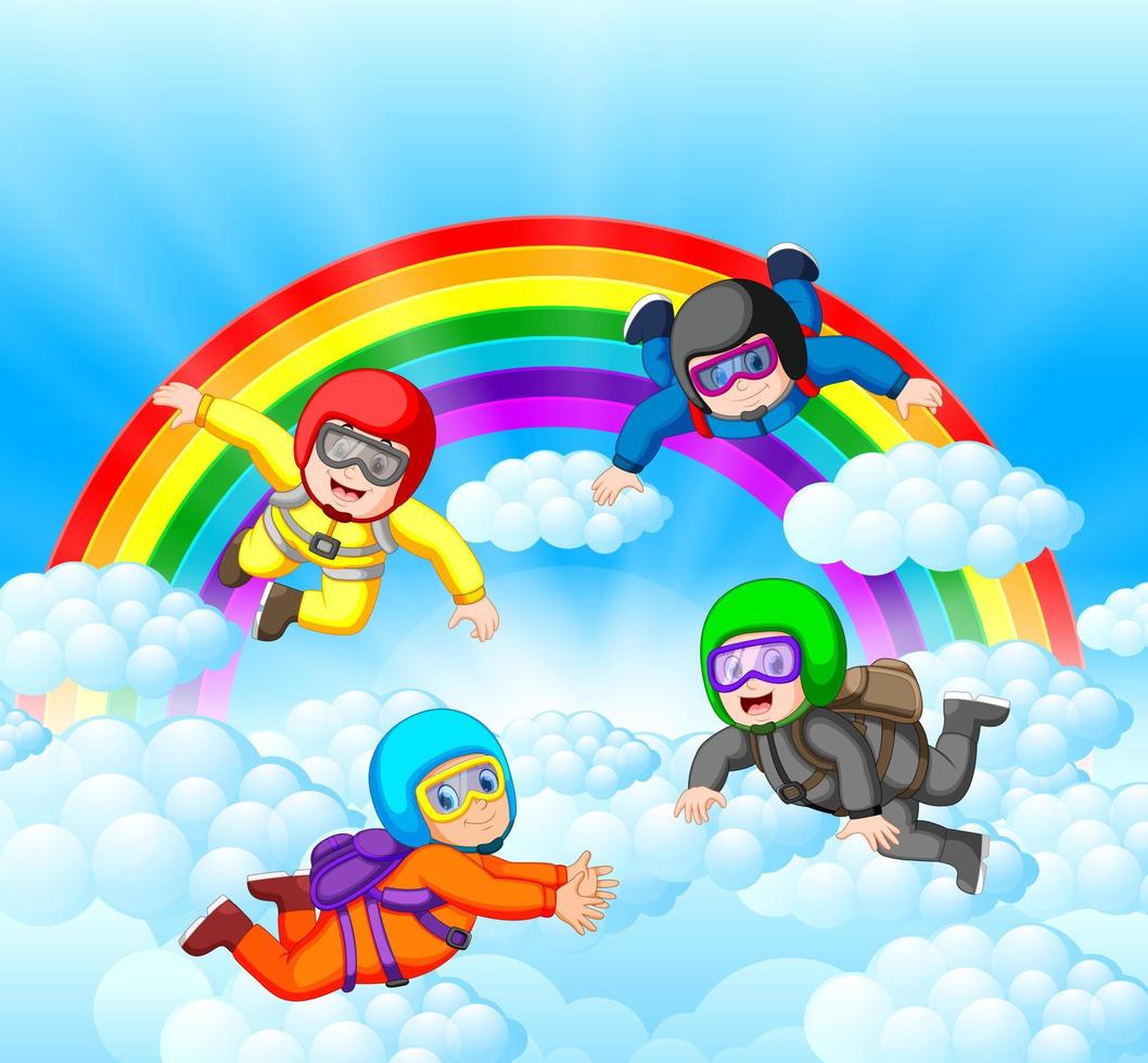 pára-quedistas se divertindo na incrível nuvem com cenário de arco-íris vetor