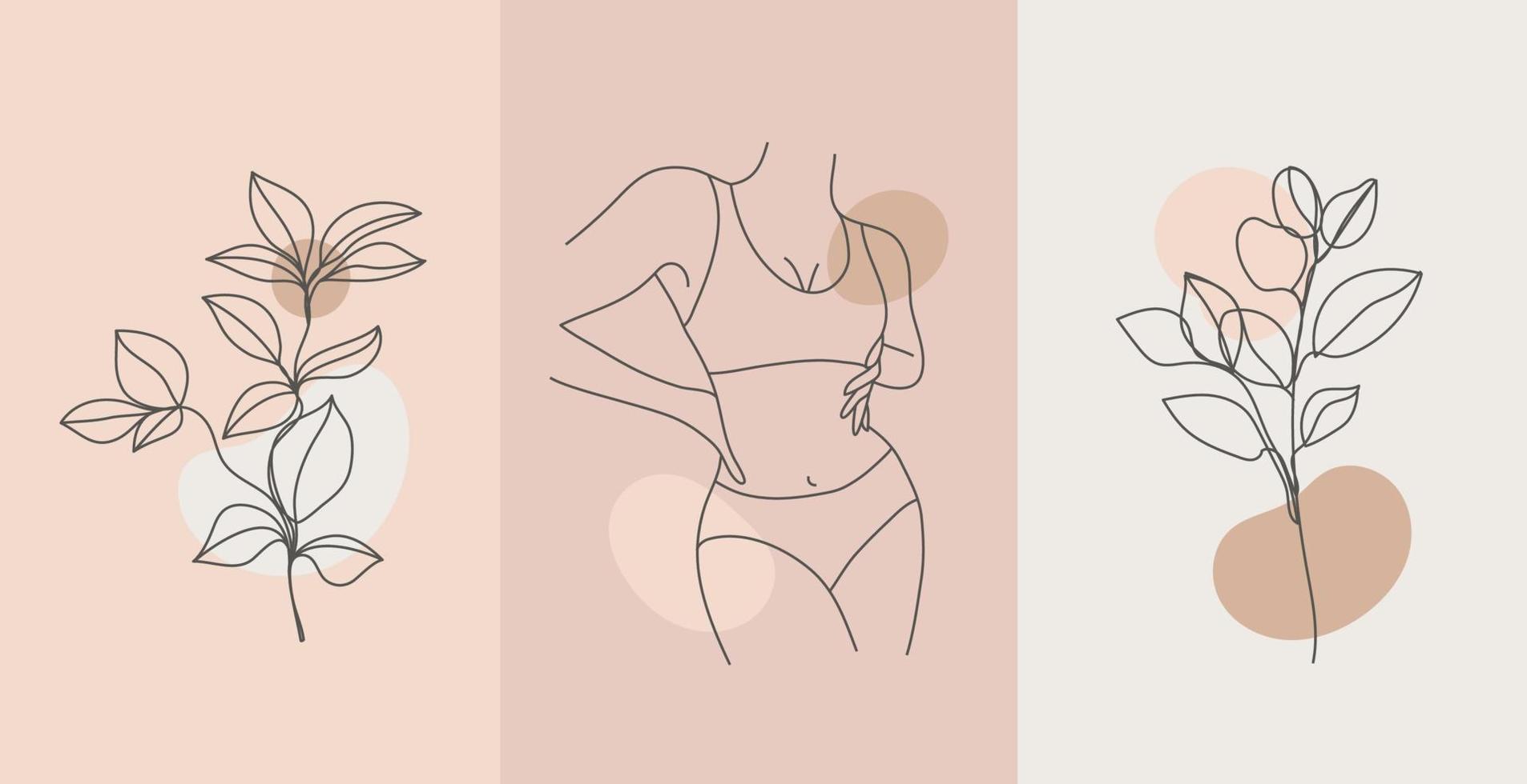 conjunto vetorial de ilustrações de silhueta de corpo de linha, mulheres e arte floral. figura feminina linear minimalista. cartões de corpo positivo, cartazes, estampas, histórias de redes sociais. vetor