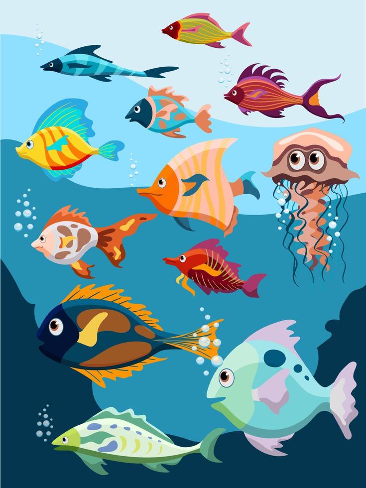 conjunto de vários peixes tropicais em estilo cartoon vetor