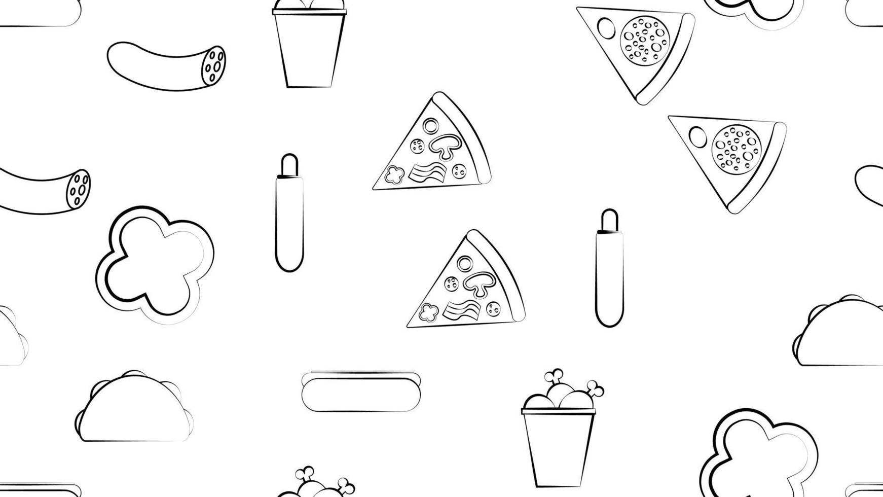 preto e branco sem costura padrão infinito de ícones de itens de alimentos e lanches definidos para restaurante bar café pizza, cachorro-quente, burrito, salsicha, frango. o fundo vetor