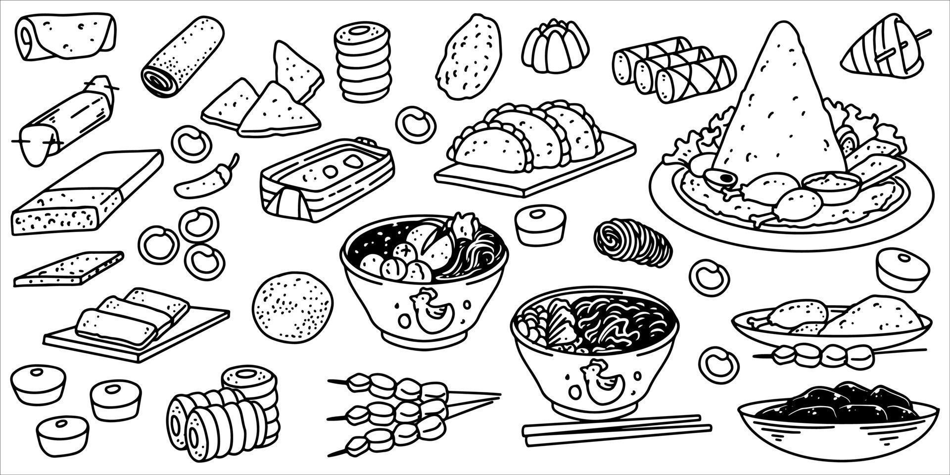 desenho de mão de comida indonésia conjunto isolado no fundo branco. vetor