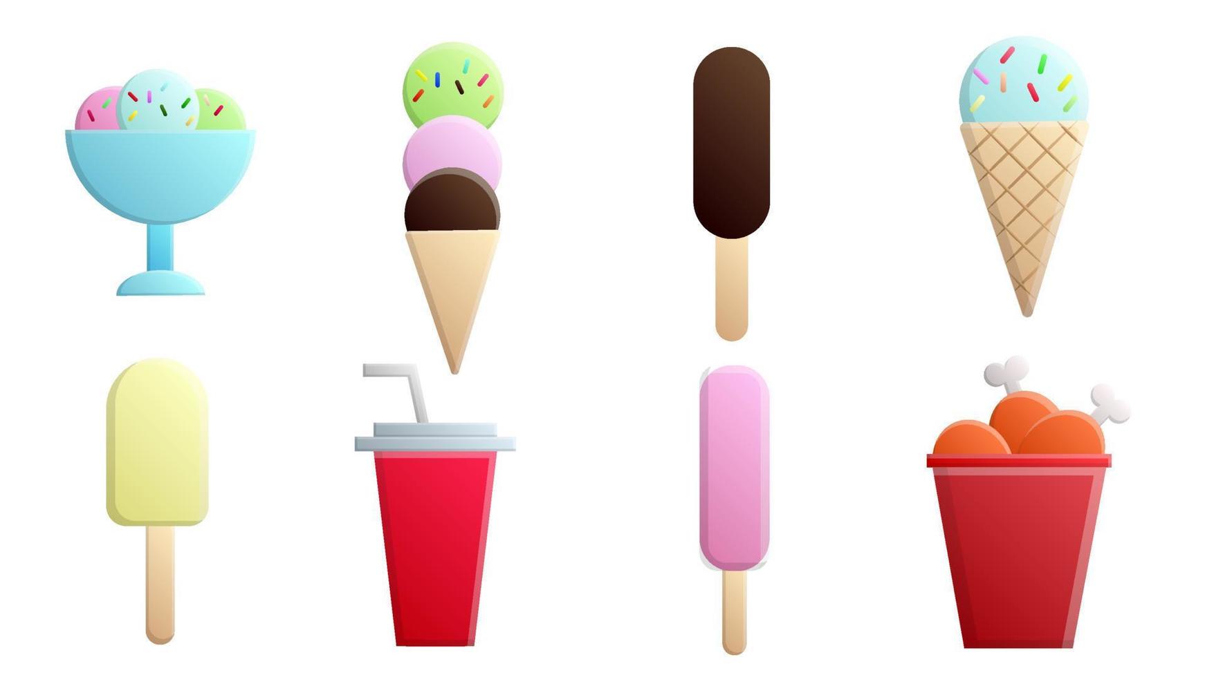 conjunto de oito ícones de itens de comida deliciosa e lanches para um restaurante café bar em um fundo branco sorvete, frango, refrigerante vetor