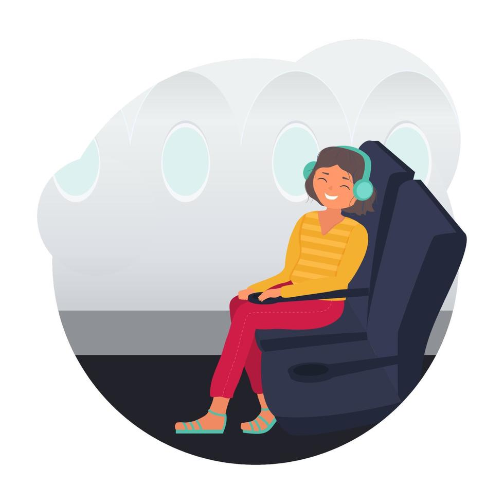 jovem sentada no avião e aproveitando o voo. modelo para o conceito de voo confortável. viajante ouve música em fones de ouvido e sorri. ela se sente segura vetor