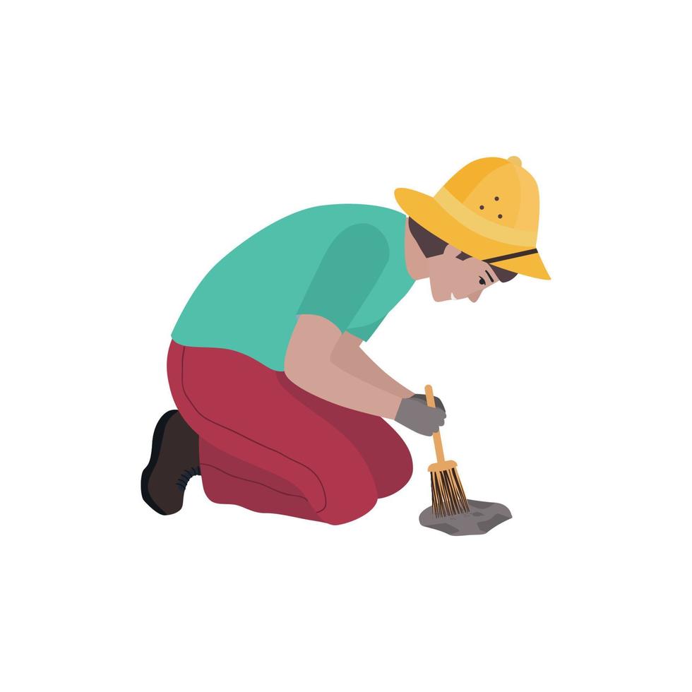 ilustração vetorial com um arqueólogo masculino que varre a terra com um pincel com um achado raro. procure por pegadas de dinossauros, eventos históricos, escavações em países quentes vetor